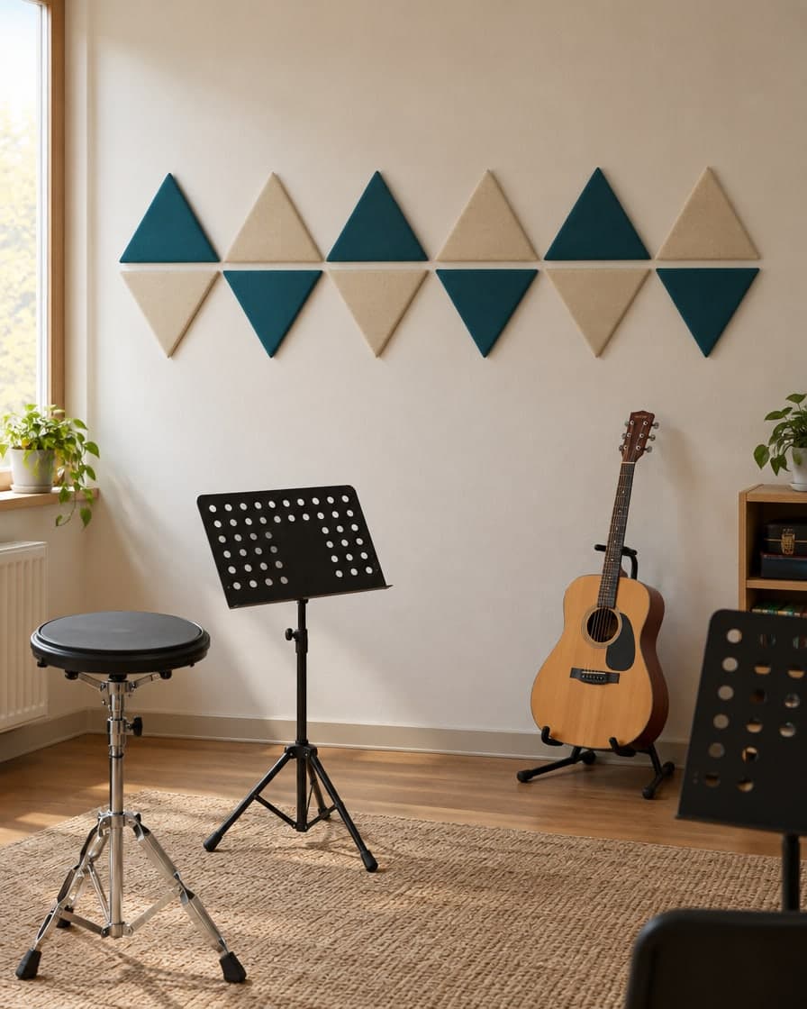 Aula de música con paneles triangulares petróleo y beige, un atril y una guitarra