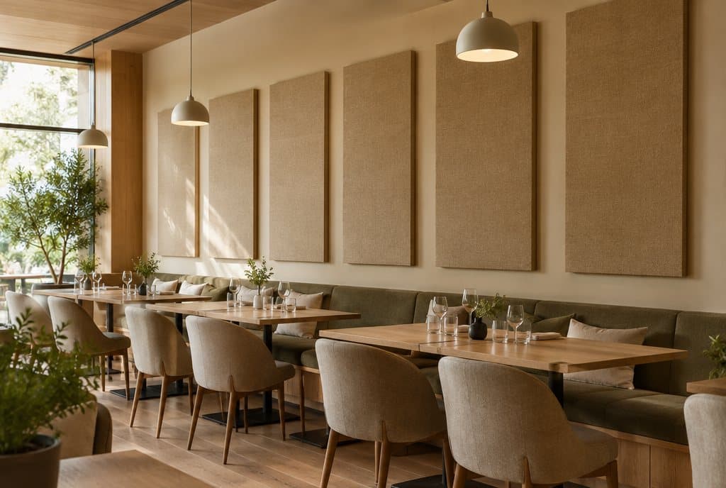 Restaurante con paneles acústicos beige para reducir el ruido