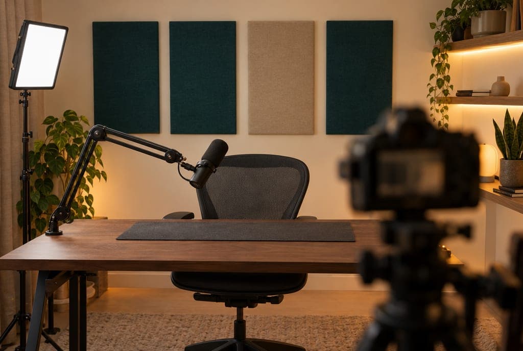 Sala de streaming con paneles petróleo y arena detrás del escritorio, vista desde atrás de la cámara