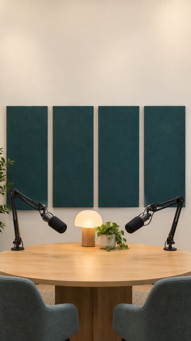 Estudio de streaming con paneles acústicos color petróleo detrás de la mesa de grabación