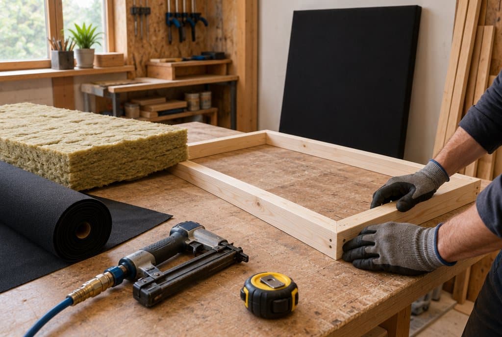 Fabricación de paneles acústicos con bastidor de pino y lana de roca
