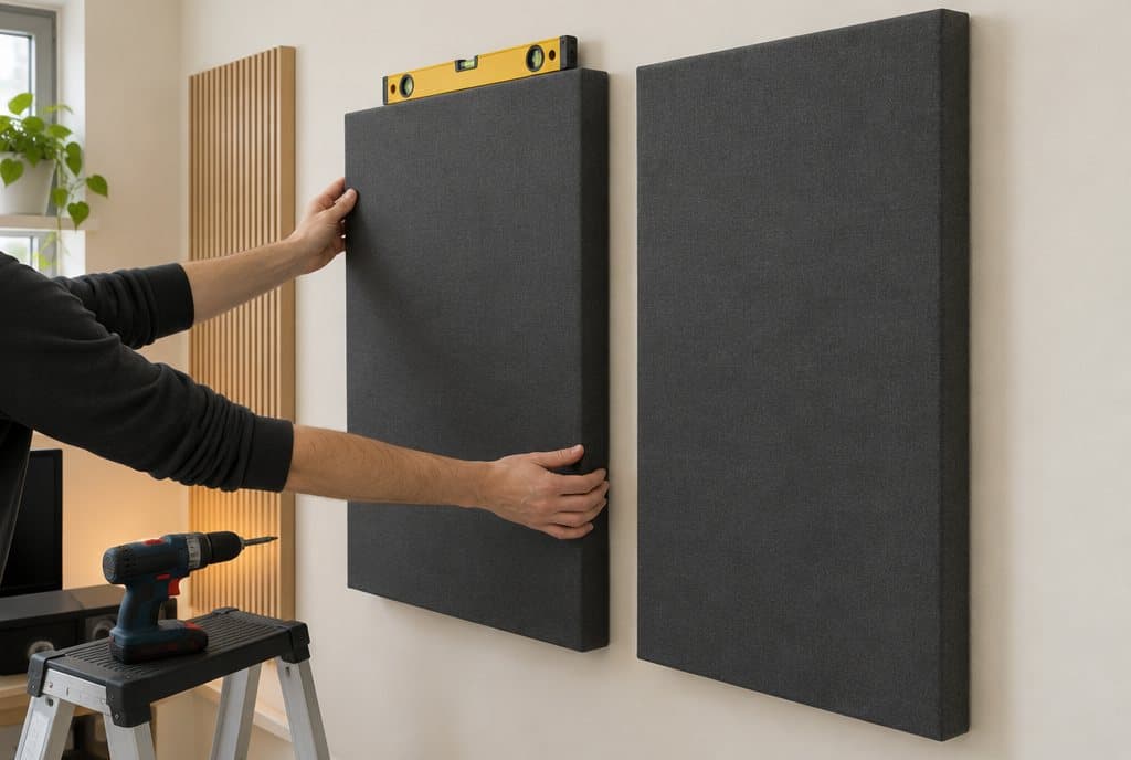 Instalación nivelada de paneles acústicos grafito en un estudio