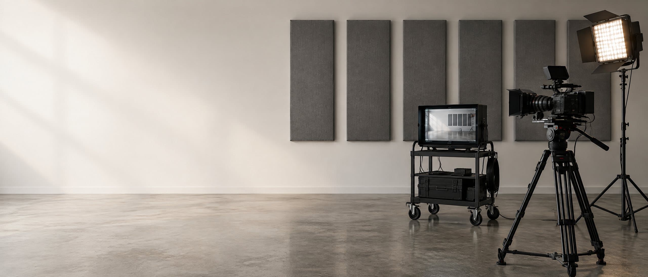 Estudio de productora audiovisual con paneles acústicos grafito, cámara y luz LED